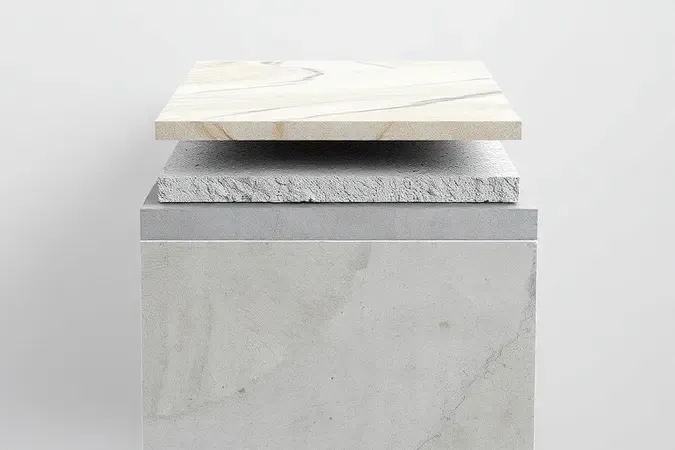 Render 3D conceitual mostrando a camada de argamassa entre o porcelanato e a base, destacando sua importância na fixação.