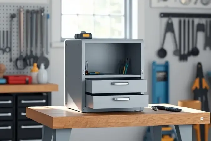 Renderização 3D de armário de ferramentas compacto sobre bancada de trabalho com gavetas entreabertas exibindo ferramentas manuais organizadas.