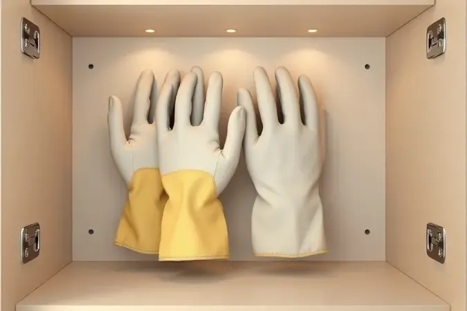 Render 3D conceitual de luvas de trabalho armazenadas de forma organizada em compartimento limpo e minimalista.