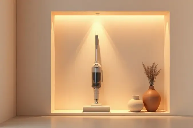 Conceito 3D de armazenamento de aspirador de pó e água em nicho minimalista com acessórios organizados e iluminação ambiente suave