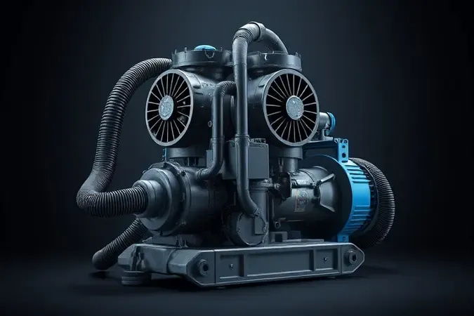 Render 3D conceitual de aspirador industrial de alta potência para tarefas pesadas com estrutura robusta e design durável.