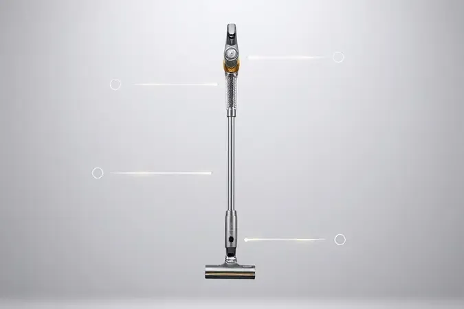 Vista explodida conceitual de aspirador vertical com componentes separados e design elegante