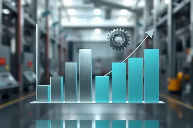 Renderização 3D conceitual de análise de custo operacional industrial com gráficos abstratos e elementos geométricos metálicos.