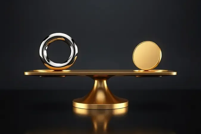 Render 3D conceitual de balança equilibrando potência e preço simbolizando a relação custo-benefício em ferramentas
