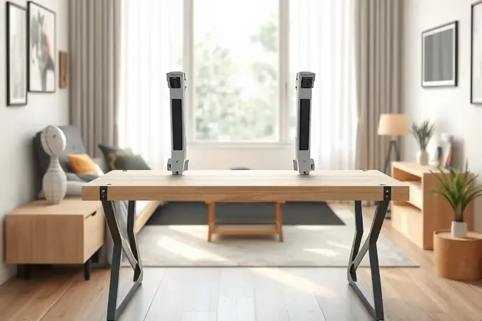 Bancada dobrável moderna parcialmente aberta em ambiente doméstico iluminado destacando praticidade e design compacto em render 3D