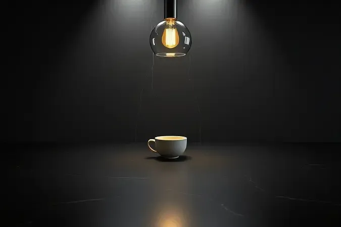 Render 3D conceitual de bancada de porcelanato preto fosco com veios sutis e iluminação dramática pendente.