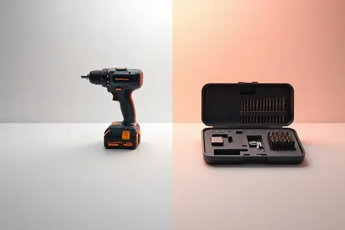 Comparação conceitual 3D entre ferramenta avulsa isolada e kit completo de parafusadeira com acessórios