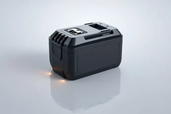 Renderização 3D de bateria de 12V para parafusadeira com indicador de energia sobre superfície reflexiva.