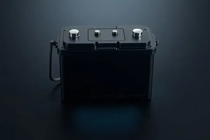 Render 3D conceitual de bateria automotiva descarregando com indicadores de energia em superfície escura