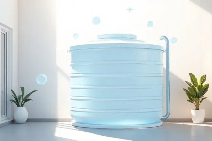 Render 3D conceitual ilustrando os benefícios do armazenamento de água em caixas d'água residenciais com design moderno.
