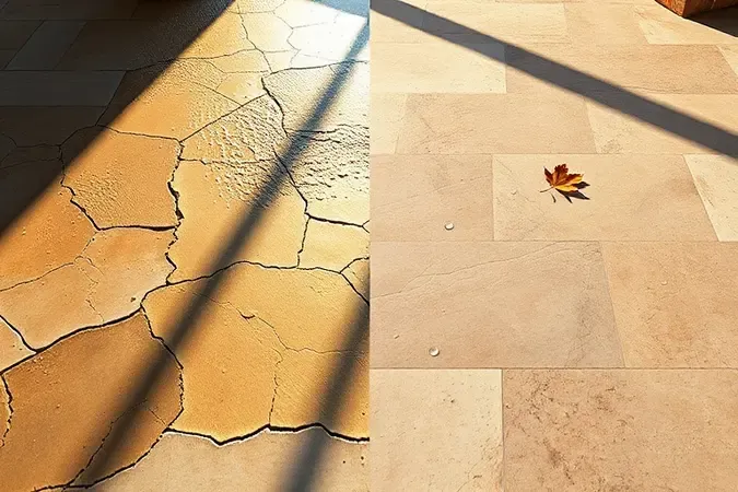 Render 3D comparando piso convencional desgastado com porcelanato moderno em área externa, destacando durabilidade e resistência às intempéries.