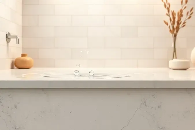 Renderização 3D conceitual mostrando gotas de água sobre superfície de porcelanato acetinado em ambiente de banheiro, destacando resistência à umidade.