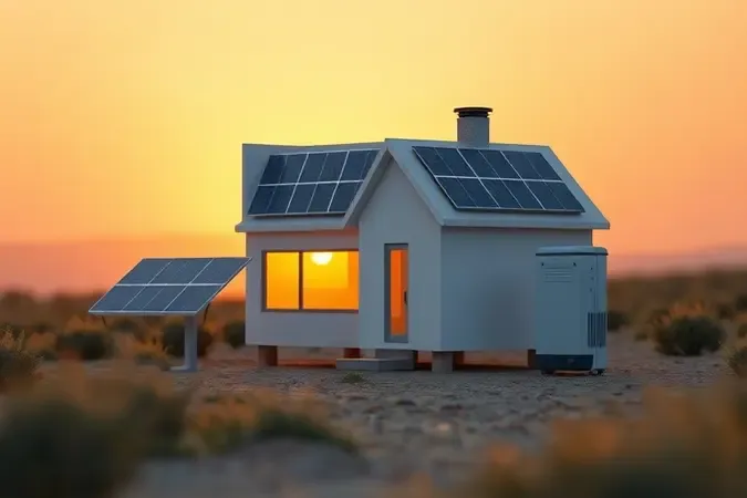 Conceito 3D de sistema solar off grid com casa e inversor em ambiente natural