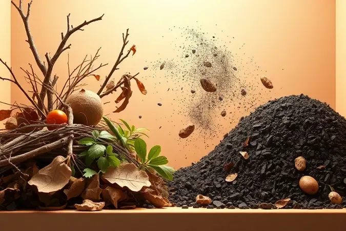 Conceito 3D mostrando transformação de resíduos orgânicos em composto rico em nutrientes destacando benefícios ecológicos