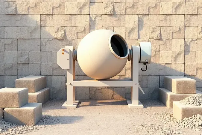 Render 3D de betoneira 400 litros conceitual em ambiente de obra de médio porte com materiais de construção