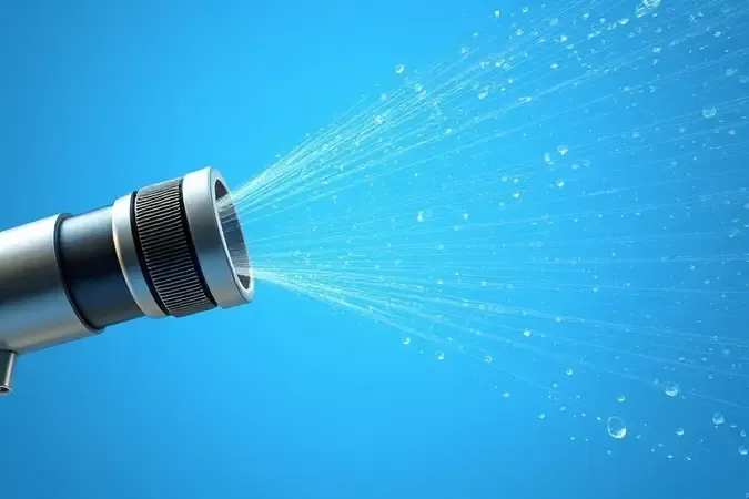 Render 3D conceitual de bico turbo de lavadora de alta pressão gerando jato de água em cone rotativo com gotas cristalinas suspensas.