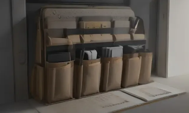 Renderização 3D conceitual de bolsa para ferramentas com múltiplos bolsos e compartimentos organizadores internos.