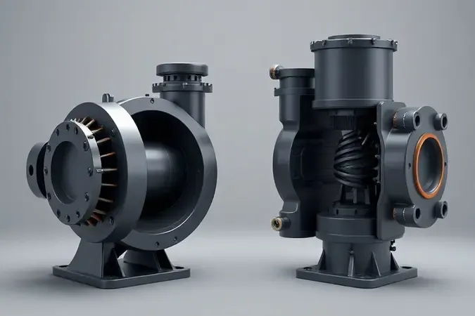 Comparação conceitual entre mecanismo de bomba sapo e bomba centrífuga em render 3D com visualização interna.