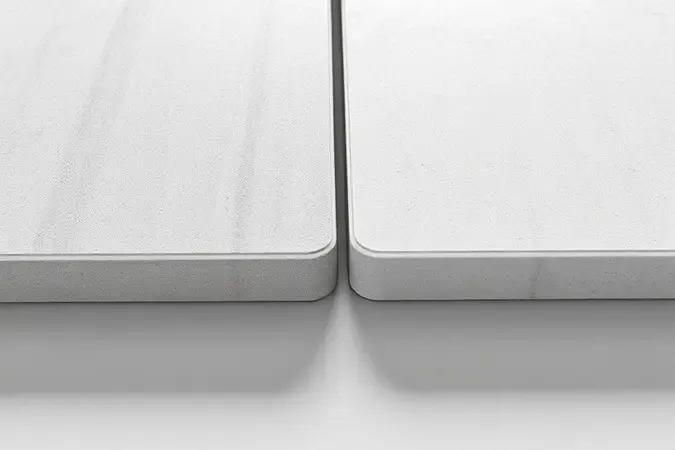Comparação entre bordas de porcelanato retificado e bold em close-up com iluminação profissional.