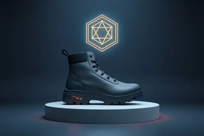 Bota de segurança certificada em renderização 3D conceitual com emblema geométrico flutuante representando qualidade e iluminação profissional.