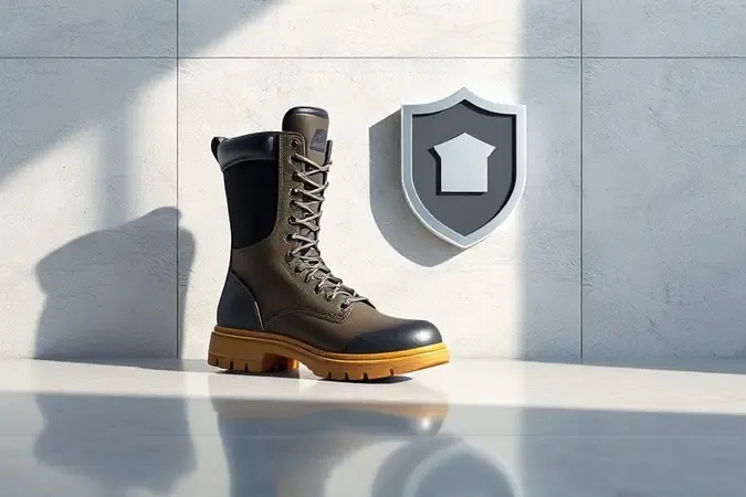 Bota de segurança ao lado de símbolos geométricos abstratos representando certificação e proteção em renderização 3D.