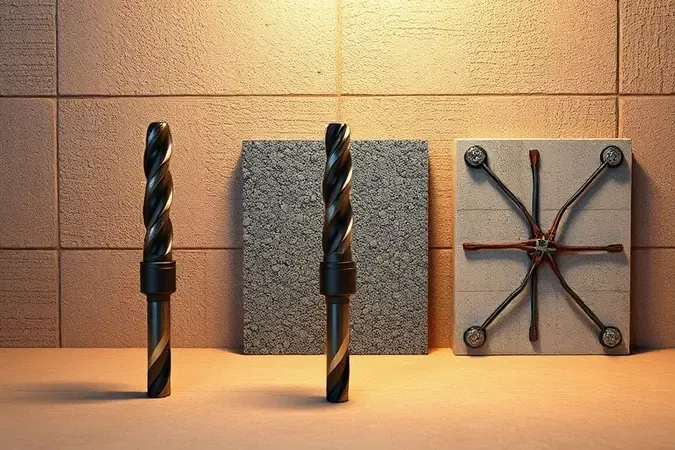 Três tipos de brocas para concreto posicionadas junto a representações de parede, viga e concreto armado.