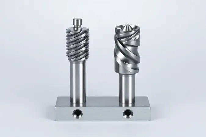 Render 3D conceitual comparando broca escalonada de canal reto e canal espiral lado a lado