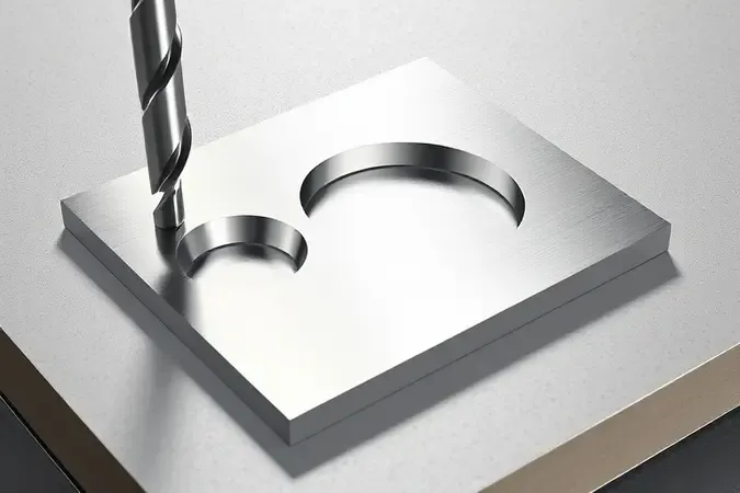 Render 3D conceitual mostrando broca escalonada perfurando chapa metálica com furos de diferentes diâmetros lado a lado.