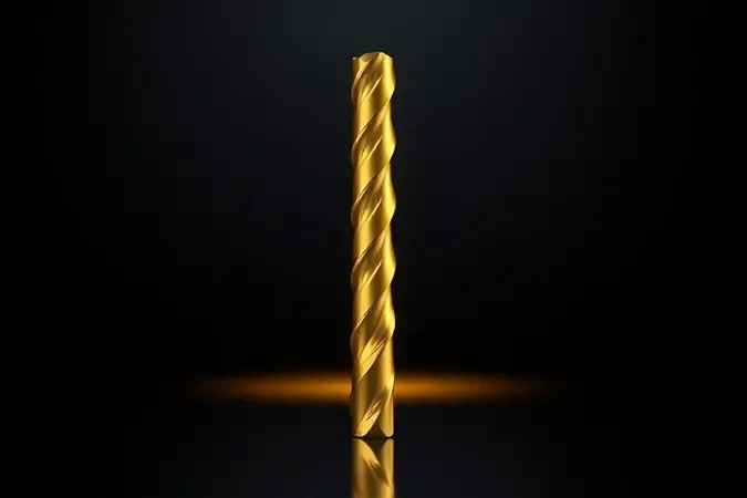 Broca com revestimento de titânio dourado sobre superfície escura, destacando a durabilidade e resistência do tratamento.