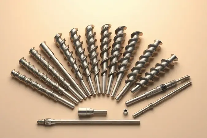 Renderização 3D de brocas helicoidais e acessórios para perfurador de solo organizados em composição minimalista com iluminação profissional.