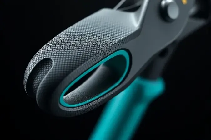 Renderização 3D em close-up do cabo ergonômico antideslizante de um alicate de corte sem marca com textura detalhada.