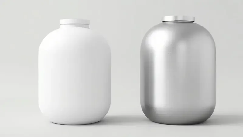 Renderização 3D conceitual comparando materiais de caixa d'água com texturas de plástico e metal lado a lado