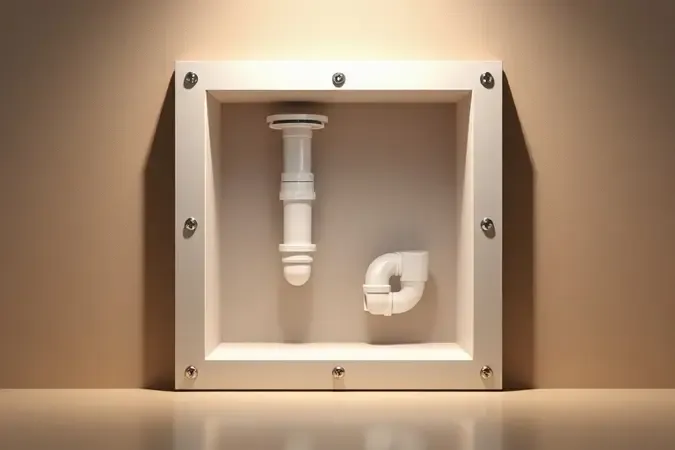 Caixa de inspeção aberta em 3D revelando conexões hidráulicas internas para manutenção.