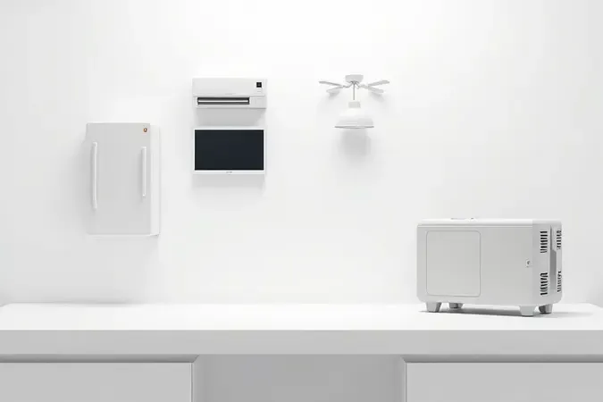 Composição 3D conceitual de eletrodomésticos com indicadores de potência ao lado de um gerador para cálculo de energia residencial.