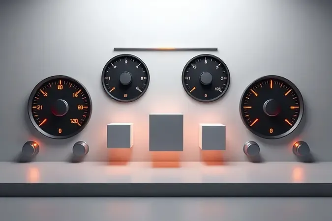 Render 3D conceitual de painel com medidores circulares abstratos e blocos geométricos representando consumo de energia de eletrodomésticos.