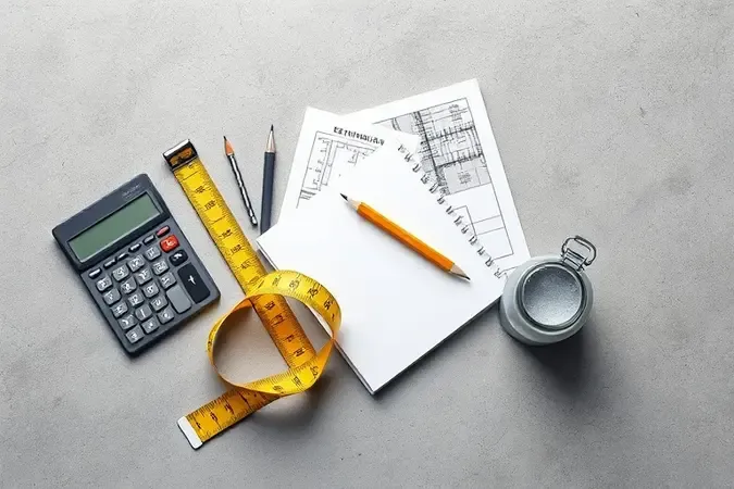 Ferramentas de planejamento e cálculo de materiais de obra com calculadora e planta baixa render 3D.