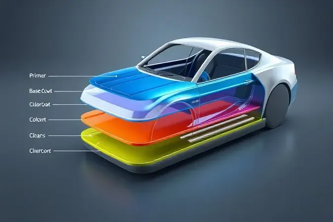 Corte transversal das camadas de pintura automotiva mostrando primer, base, cor e verniz