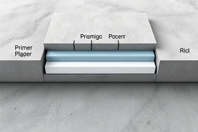 Corte transversal conceitual de camadas de impermeabilização sobre laje de concreto, com materiais realistas e iluminação profissional.