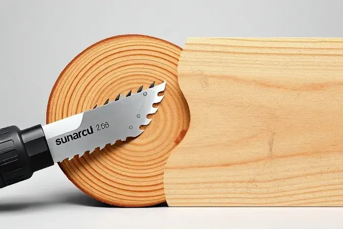 Render 3D conceitual mostrando lâmina de serra sabre cortando madeira com precisão e revelando textura realista dos materiais