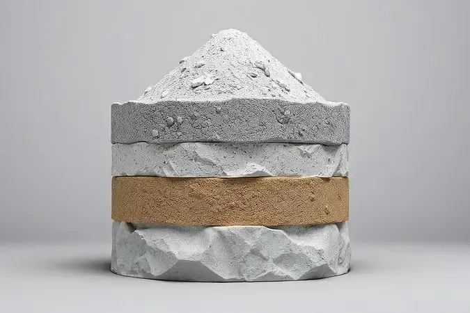 Seção transversal artística de cimento mostrando composição granular e camadas de textura em renderização 3D com estética científica.