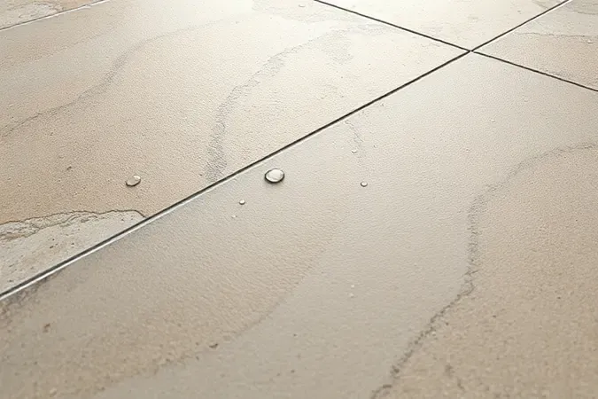 Close-up em render 3D da textura antiderrapante de porcelanato para área externa com acabamento fosco e gotas d'água sobre a superfície.