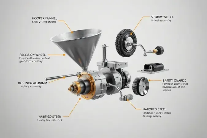 Render 3D conceitual destacando componentes principais de um triturador de galhos em vista explodida com materiais realistas.