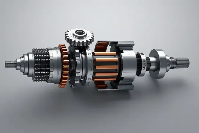 Render 3D conceitual de vista explodida dos componentes internos de furadeira com engrenagens metálicas e enrolamentos de cobre.