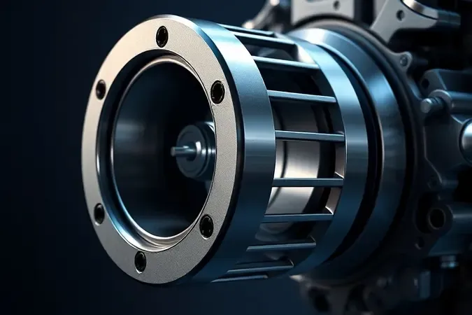Render 3D detalhado de componentes mecânicos de motor com materiais realistas em alumínio e aço em close-up
