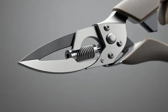Detalhes dos componentes de uma tesoura de poda de qualidade com lâmina de aço, mola e cabo ergonômico em renderização 3D