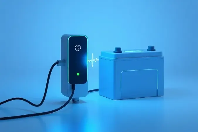 Renderização 3D conceitual de carregador com sistema de flutuação conectado a bateria automotiva abstrata com indicador pulsante.