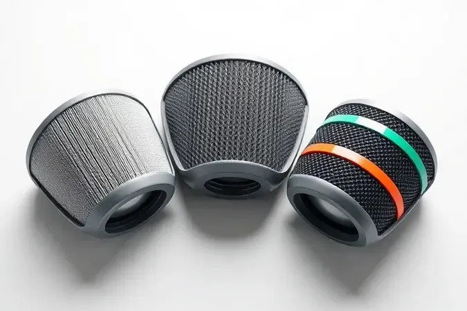 Render 3D conceitual de cartuchos filtrantes para máscara respiratória com diferentes níveis de proteção.