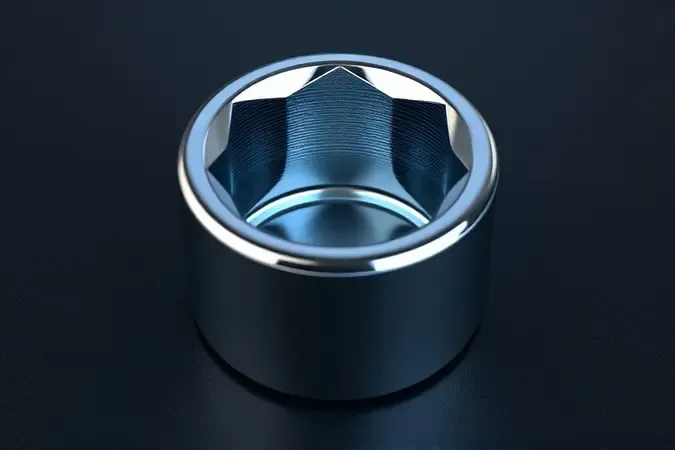 Close-up em render 3D de soquete de chave de roda em aço cromo vanádio com brilho azulado sobre superfície fosca escura.