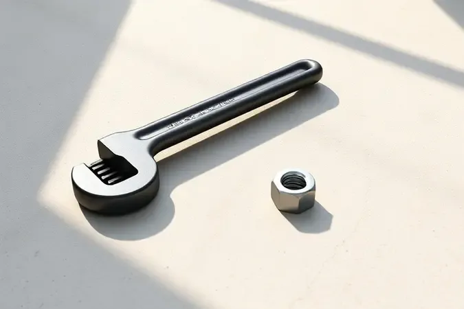 Render 3D conceitual de chave de roda em L genérica sobre superfície de concreto com iluminação natural suave e uma porca de roda ao lado