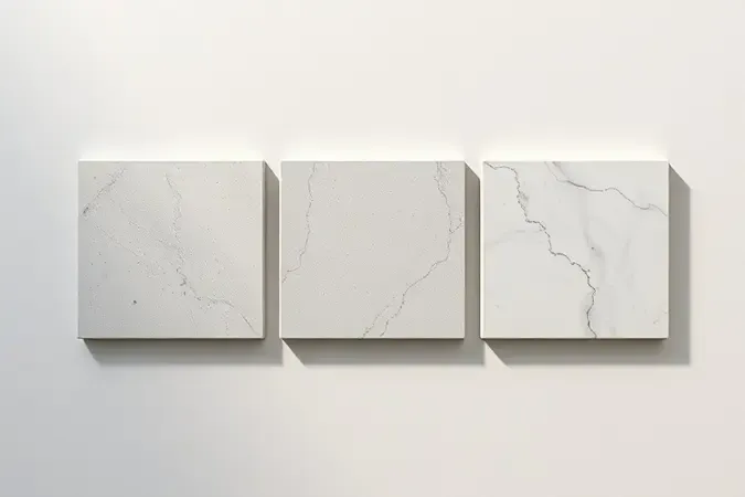 Representação conceitual 3D das classificações de argamassa AC1 AC2 e AC3 com três placas de porcelanato lado a lado